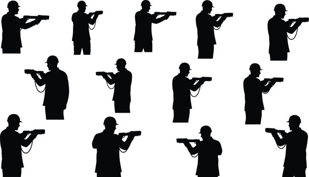 Silhouettes set of security officers and tactical personnel aiming shotguns while wearing helmets, concepts of riot control, tactical defense, and law enforcement training