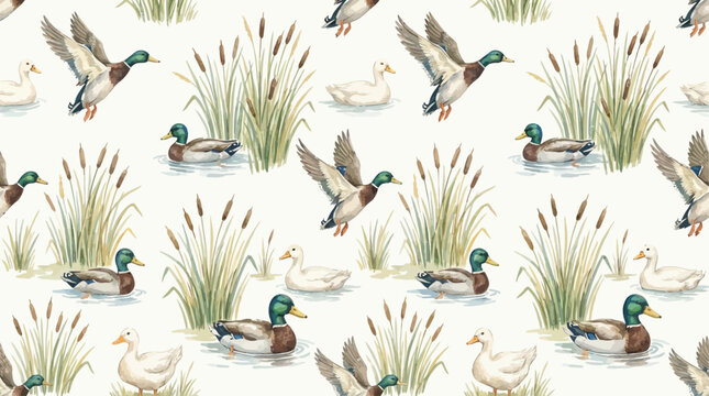 Artistic watercolor seamless pattern featuring elegant mallard ducks flying and swimming amidst organic reeds for decorative nursery wallpaper textile fabric and nature inspired surface design