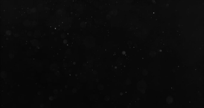 Ultra slow motion airborne dust or snow particles drifting through space on a black background. Perfect cinematic overlay, atmospheric visual effect, compositing element and VFX asset.