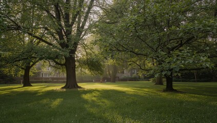 Obraz premium Serene natural garden with green trees and soft morning light perfect for picnic relaxation