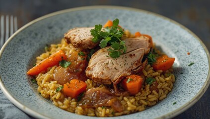 Fototapeta premium Main dish of roasted turkey pieces with herb-infused rice, caramelized carrots and onions, finished with cilantro