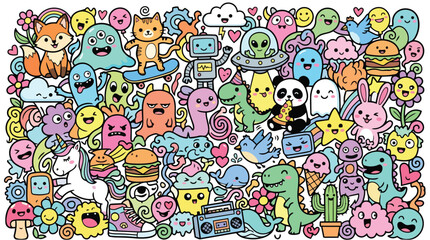 Naklejka premium A colorful illustration of various cartoon animals and objects gathered together in a fun scene with creatures and emojis.