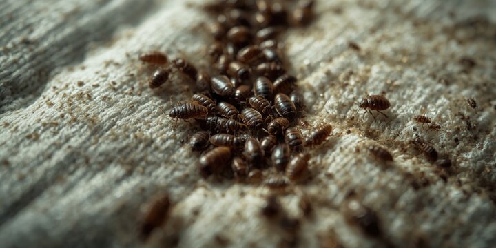 Intense macro image of bedbugs feeding and laying eggs on mattress cover showing colony traces