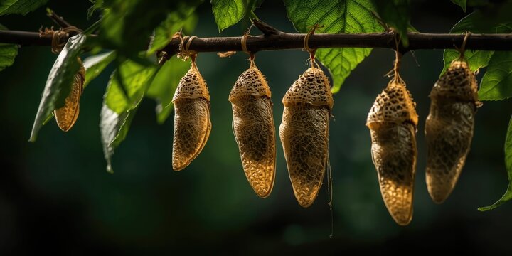 Metamorphosis process featuring hanging pupae and butterfly cocoons
