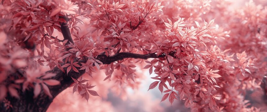 Imaginative pink leaf tree illustrated with fine detail