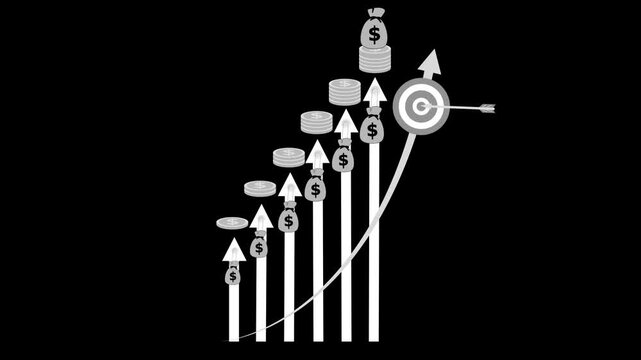 Financial growth chart with coins and arrows animation, Stylized financial growth chart with ascending bars and upward arrows