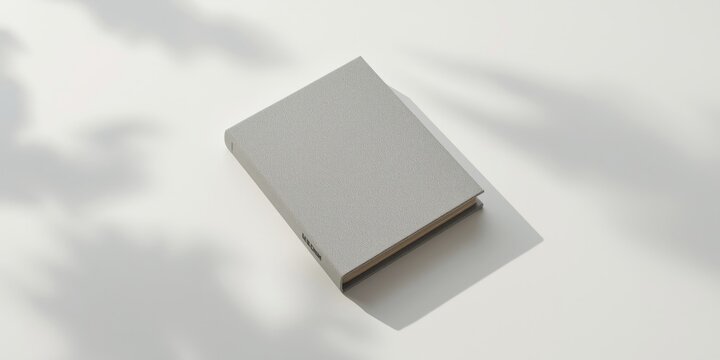 High angle view of a hardcover book with textured textile cover in light gray over a white backdrop