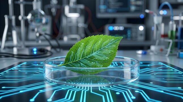 Green leaf with circuit patterns in a petri dish bio tech concept