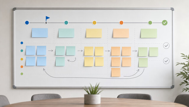 Startup business roadmap and milestone planning on whiteboard