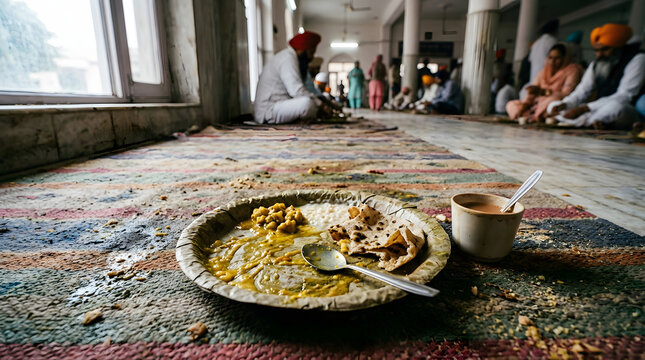 Leftover food waste plates after a large Sikh community langar meal