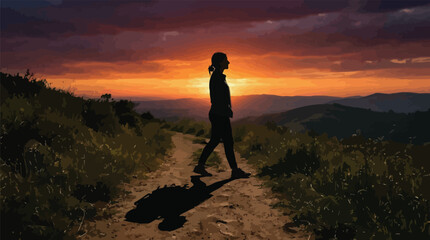 Obraz premium Woman walking on mountain path during vibrant sunset or sunrise landscape.