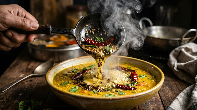 Traditional dal tadka tempering process with hot ghee and spices