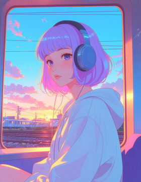 Anime illustration of a girl with headphones looking at the sunset from a train window