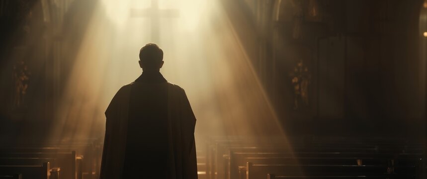 Silhouette of a faceless priest wearing traditional vestments