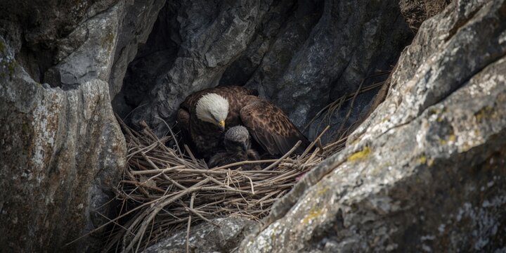 Golden eagle pair caring for eaglet in elevated cliff nest