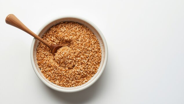 Organic psyllium husk served in bowl with spoon on white backdrop with copy space