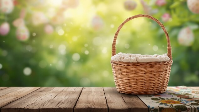 Unoccupied basket atop wooden table with spring style cloth under soft green bokeh background for Easter theme