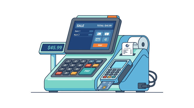 Modern POS system with credit card reader, receipt printer, and digital display