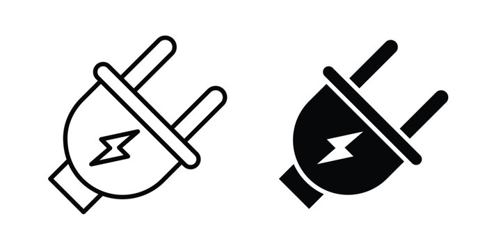 Power plug electric cord icon. line and filled black pictograms.