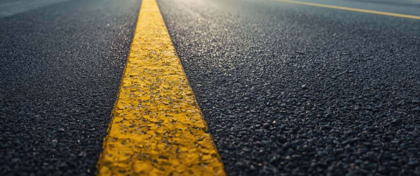 Yellow painted lane on asphalt road texture backdrop with ample copy space