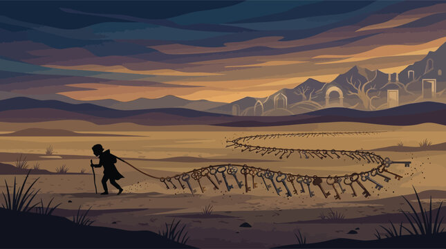 Traveler dragging chain of keys across vast desert with ancient ruins.