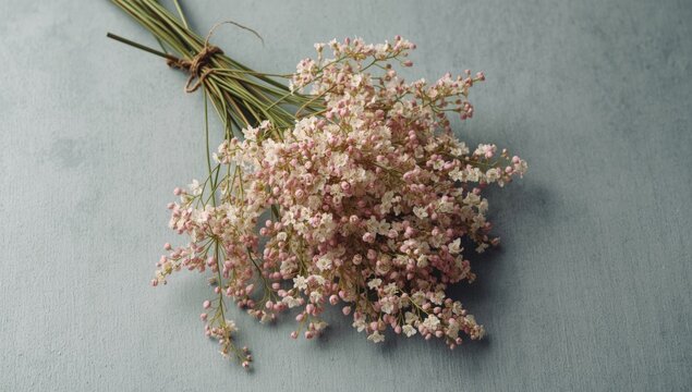 Meadowsweet spiraea bunch arranged over smooth light gray area