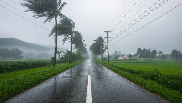 台風の強風で木と草が激しく揺れる農村道路の風景