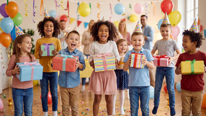 Obraz premium Children stand together inside a decorated room while holding birthday gifts and wearing party hats during a fun group celebration event.