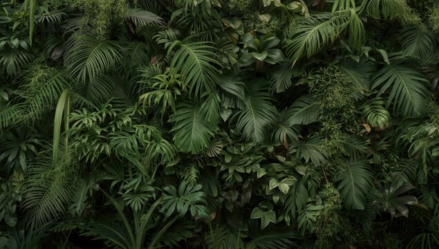 Tropical vertical garden densely packed with green and exotic foliage