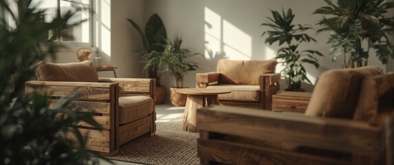Fototapeta premium Sustainable armchairs designed with repurposed wooden pallets