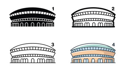 Four different stylistic icons representing a large modern arena or stadium building with a curved roof and arched base © MSTTASPRIYA