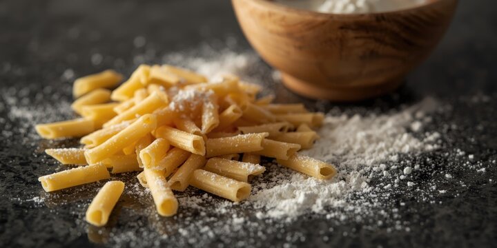 Uncooked rigatoni pasta and flour spread over a dark surface with a wooden bowl in the background