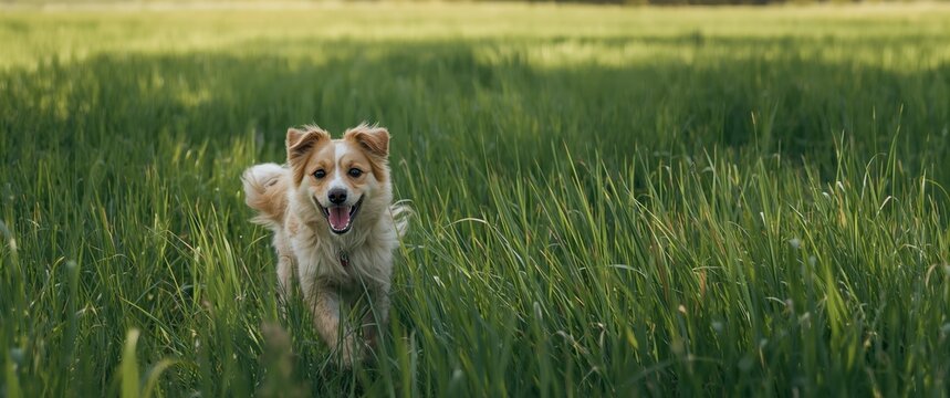 Delighted pet chasing playfully on a dense green grass field with summer sunlight