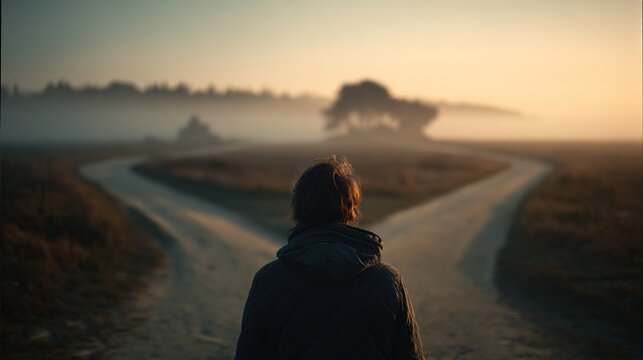 fork. A person at a fork in a road, two paths into a misty morning landscape. wellbeing guides, coaching materials, designed for coaching and self-improvement content, used by architects.