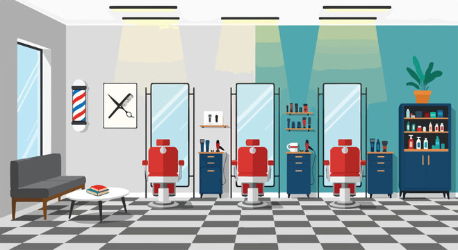 A modern barber shop interior with red chairs and blue cabinets
