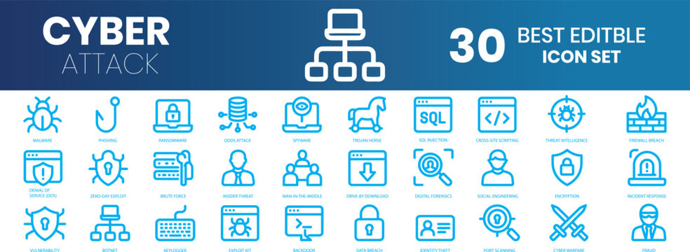 Cyber attack 30 icons set. Cyber defense icon set featuring hacker,cyber attack and cybercrime concepts.Perfect for cybersecurity services and network protection visuals.