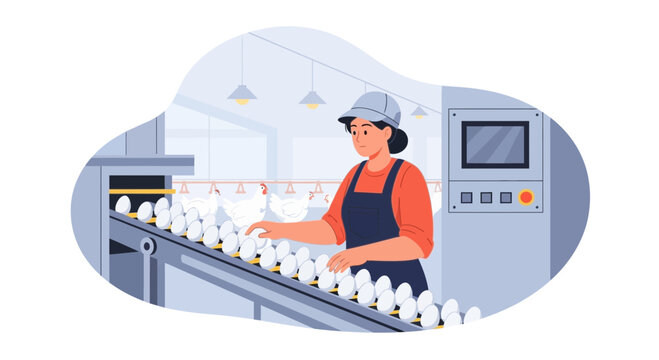 Factory Worker Operating Automated Egg Packaging Machine