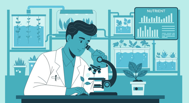 Scientist Analyzing Plant Growth and Nutrient Data Under Microscope