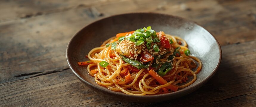 Up close image of spicy vegetable Schezwan noodles served on rustic wood setting