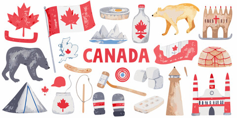 Canadian themed watercolor illustration sheet with flags wildlife and landmarks © Raben