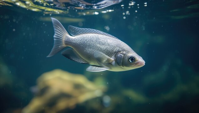 Side flattened silver hatchetfish moving elegantly near aquarium water surface with sparkling body