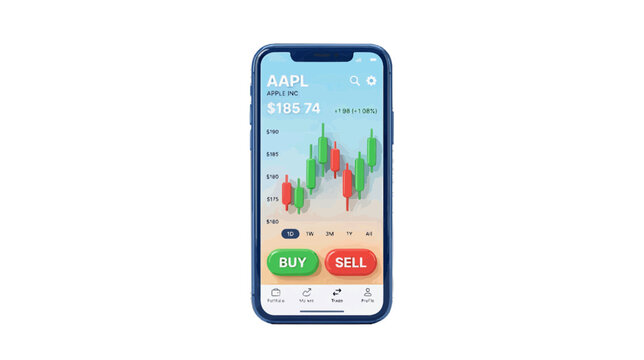 Vector illustration of smartphone with stock market trading app interface showing aapl price chart on a transparent background