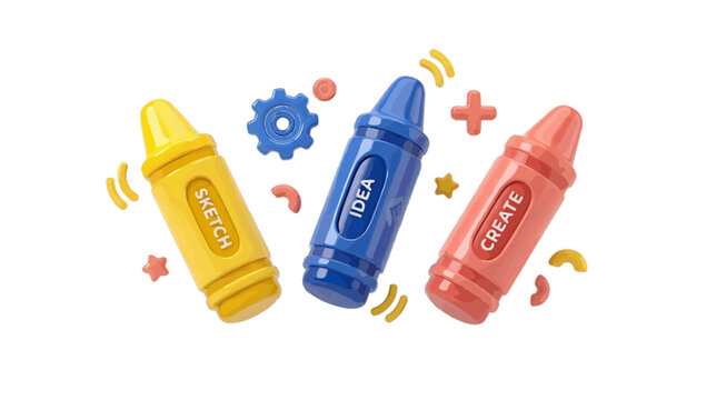 Vector illustration of 3d illustration of three colorful crayons labeled sketch, idea, and create on a transparent background