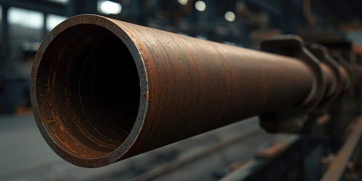 Rusty metal pipe detailed close up with blank area for text in fabrication factory