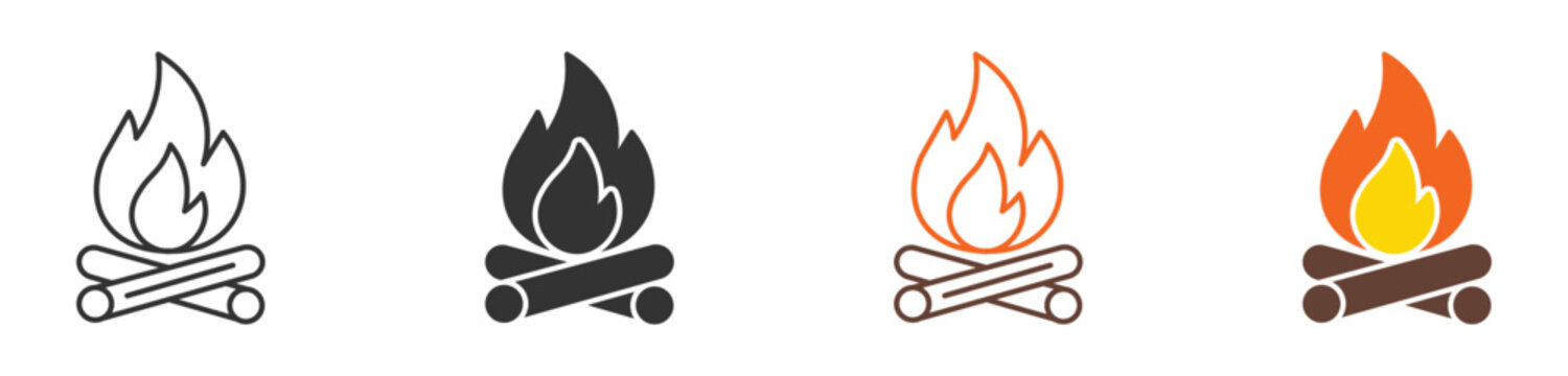 Campfire Icon Set, outdoor camping, bonfire flame, campsite fire, adventure vector icons