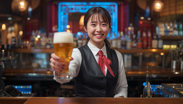 パブのカウンターでビールを差し出す日本人女性スタッフの写真