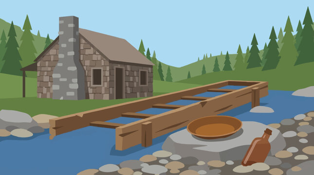 Gold Rush Era Cabin River Scene with Sluice Box and Prospecting