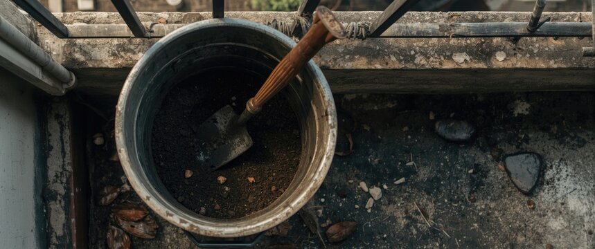 Overhead shot of a plastic trowel in a compost bucket situated on an apartment balcony