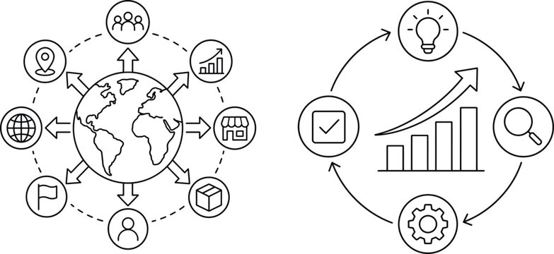 Business global network and growth process cycle line icons set for marketing strategy