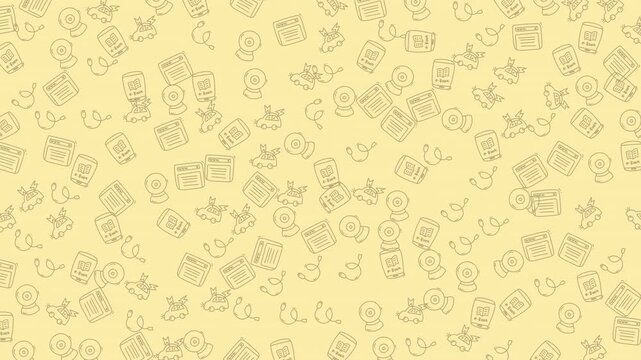 Yellow wallpaper pattern with office, camera, computer, web icons, suitable for website backgrounds, presentations, digital marketing campaigns, and print designs.